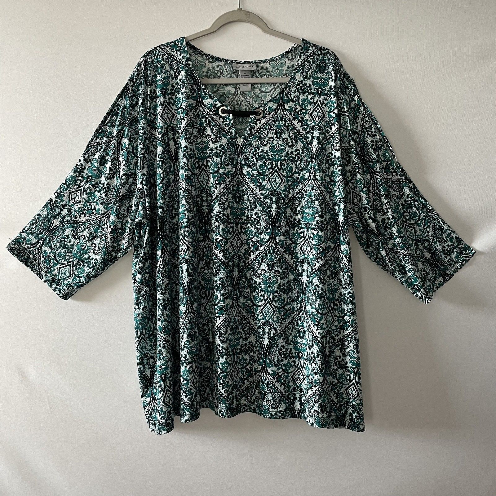 Catherines Tunic Top Scroll Print Teal Black 3/4 Slit Sleeve Women Size 26/28w